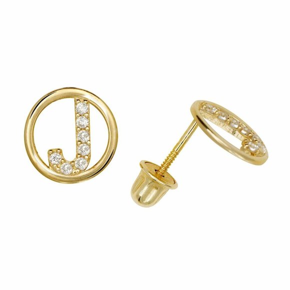 14K Solid Yellow Gold 8mm Letter Initial Halo CZ Stud Alphabet Earrings - Picture 11 of 15